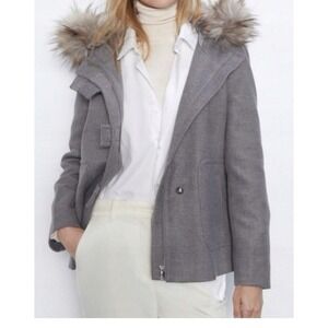 ZARA Women's  Pea Coat With hooded Detachable Faux fur size L Gray